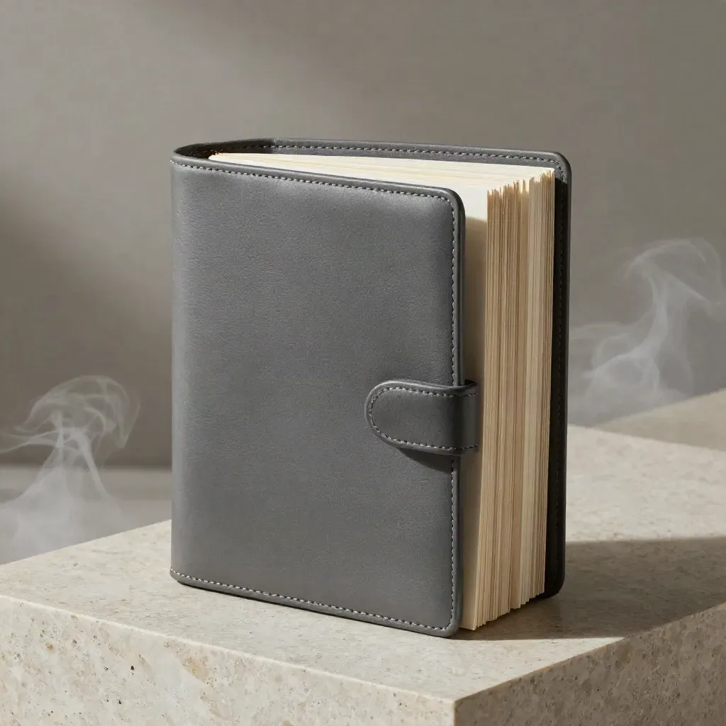 Slate leather folio with brushed metal spine on stone, slightly open with layered sheets