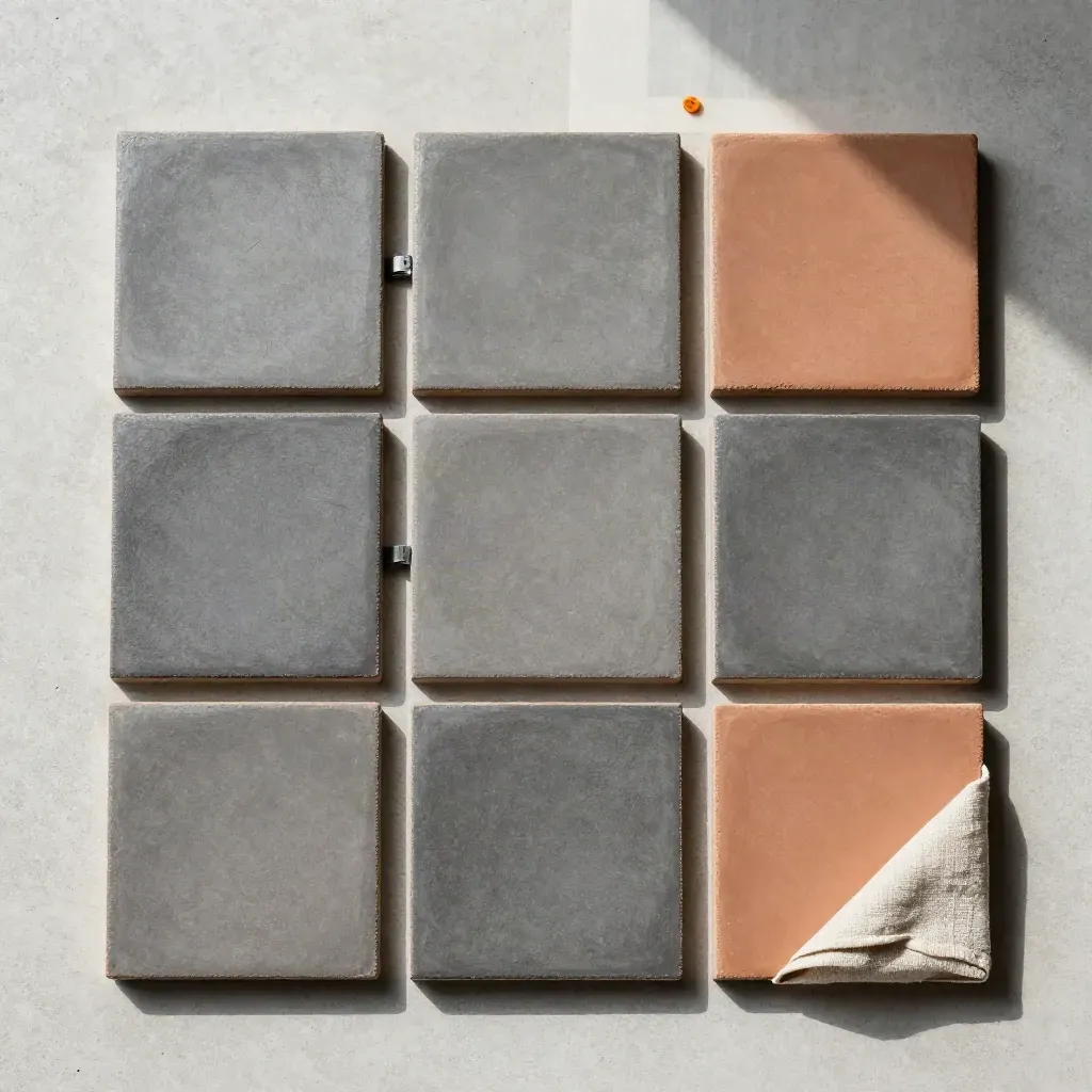 Top-down flatlay of matte KPI tiles, steel spacer and linen corner on pale concrete with ember-orange accent.