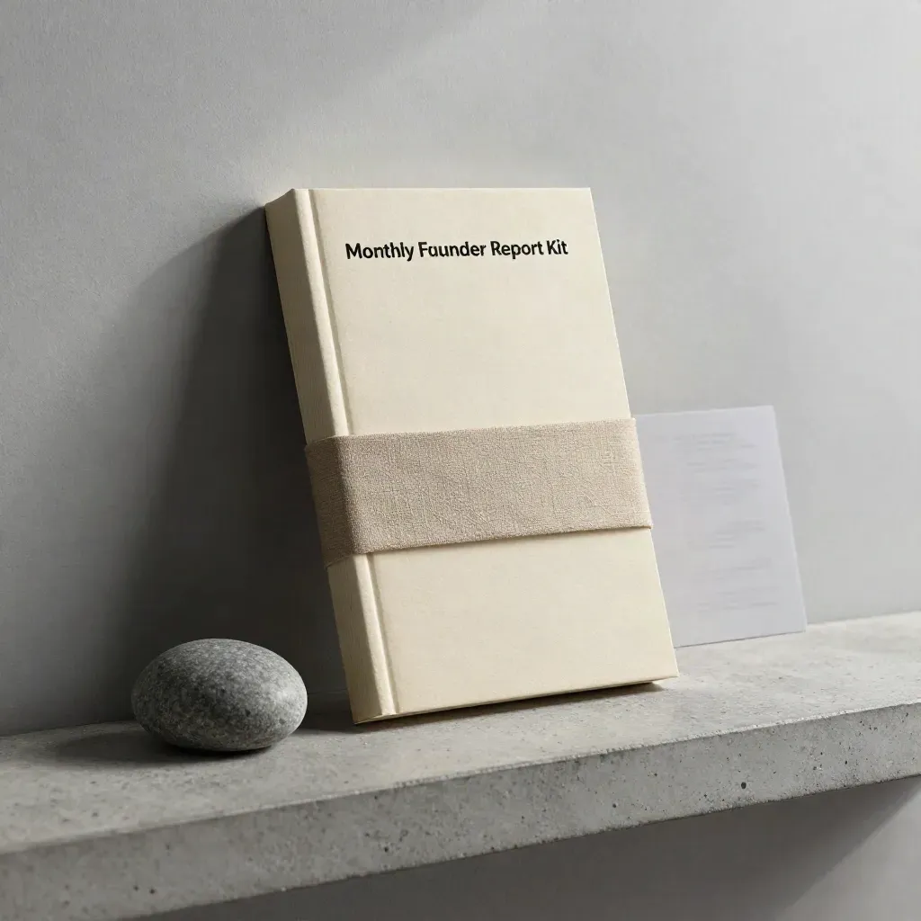 Founder Report Kit in linen wrap with paperweight stone on concrete shelf.