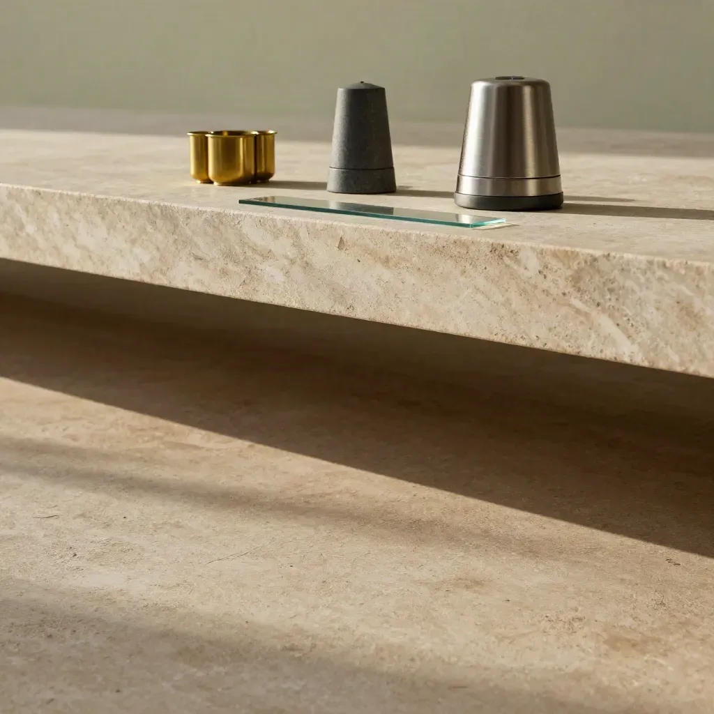 Warm limestone surface with brass vessels and soft dashboard elements in a quiet stone scene.